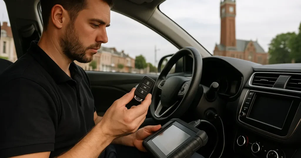 Serrurier automobile diagnostiquant une clé de voiture défaillante à Lomme