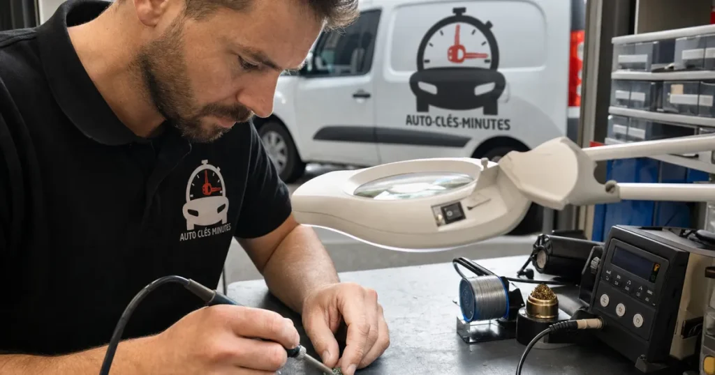Technicien serrurier automobile vérifiant le transpondeur d'une clé à Douai