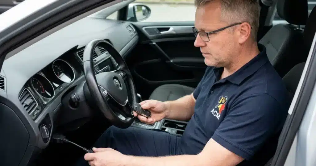 serrurier automobile remet une clé de voiture à un client à Woluwe-Saint-Lambert